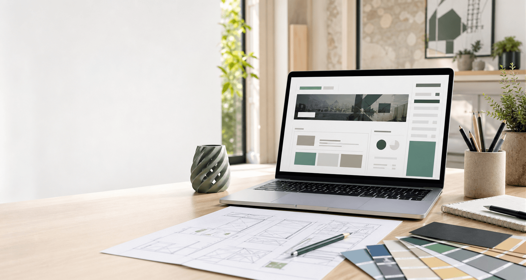 Espace de travail moderne avec ordinateur et maquettes de site web